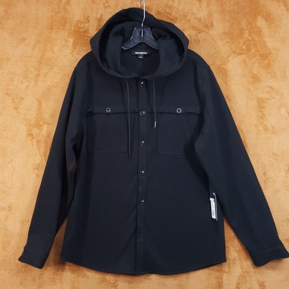 KARL LAGERFELD Shirt Jacket Mens Medium Black Hooded Brushed Flannel Button Up